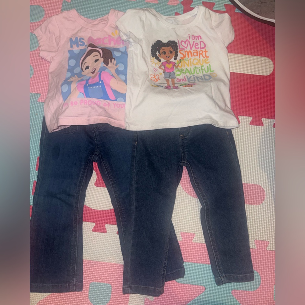 Rachel Girls Pink and White Character Tee Matching Jeans Set